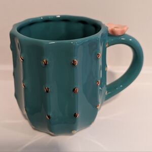 Teal Cactus Mug with Pink Flower Accent